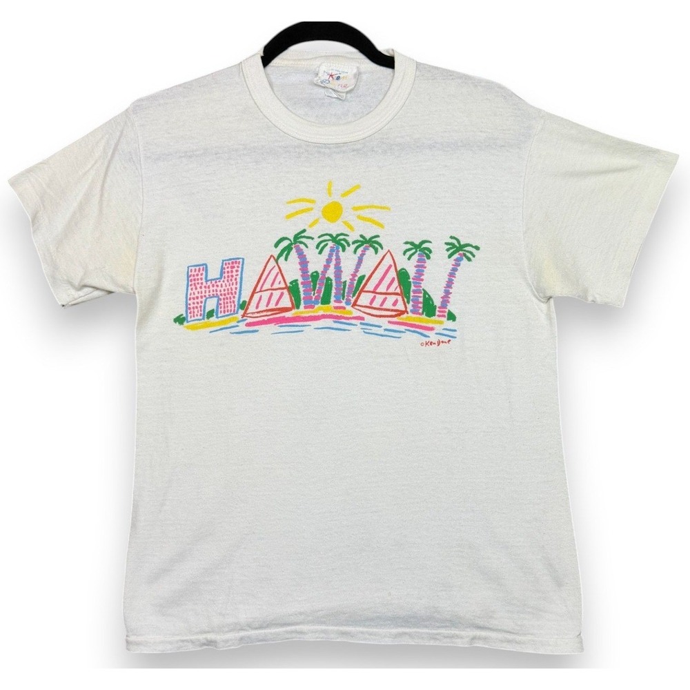 Vintage 80s Ken Done Shirt Women M FITS S White Hawaii Graphic Souvenir Tee USA